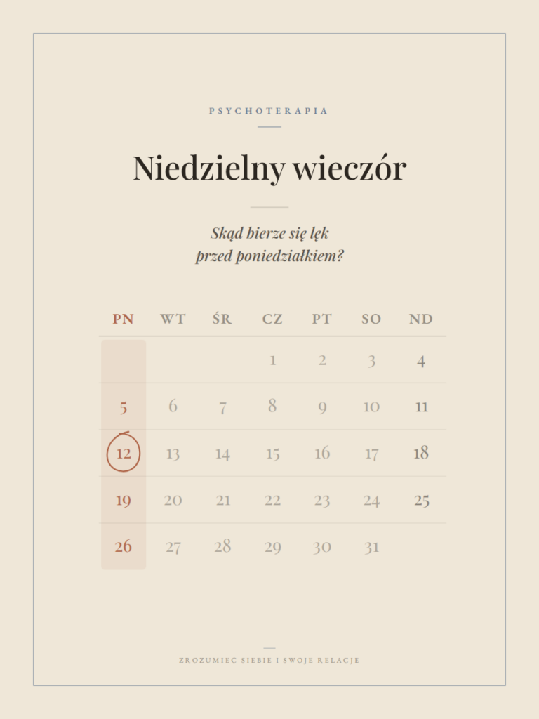 Grafika do artykułu: kalendarz z wyróżnioną kolumną poniedziałków i jednym poniedziałkiem zakreślonym kółkiem. Obok tytuł „Niedzielny wieczór – skąd bierze się lęk przed poniedziałkiem?”