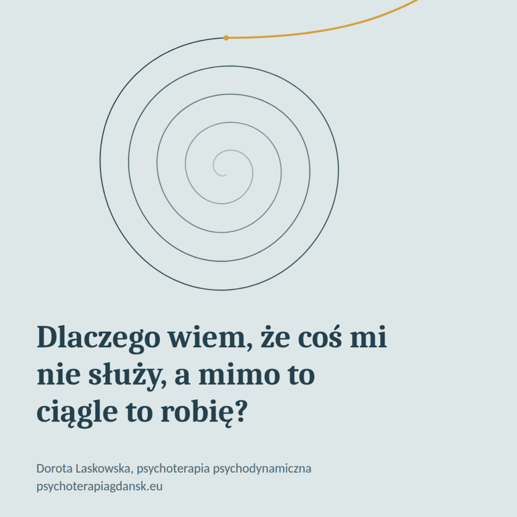 Grafika do artykułu: spirala z cienkiej ciemnej linii, z której wychodzi bursztynowa nitka. Obok tytuł „Dlaczego wiem, że coś mi nie służy, a mimo to ciągle to robię?”