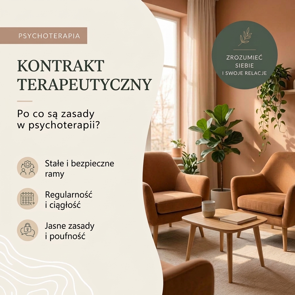 Podsumowanie kontraktu terapeutycznego na infografice: regularność sesji, płatność za odwołane spotkania, poufność.